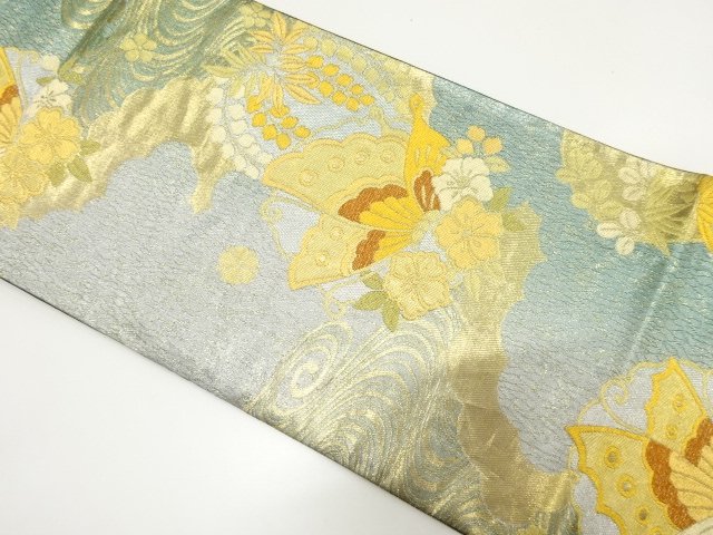JAPANESE KIMONO / FUKURO OBI / SILK / WOVEN STREAM & BUTTERFLY & WISTERIA & CAMELLIA